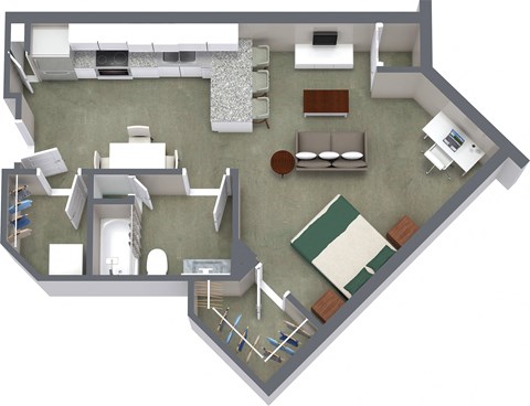 Floor plan for studio, 1 bath, 605 sqft